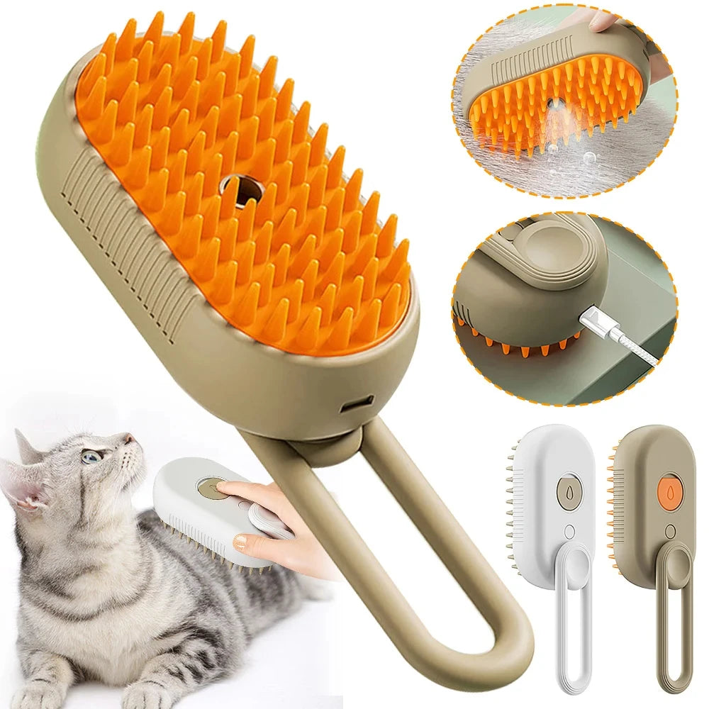 3-in-1 Steam Brush: Cat Grooming Comb with Vaporizer for Effortless Pet Hair Removal and Relaxing Massage