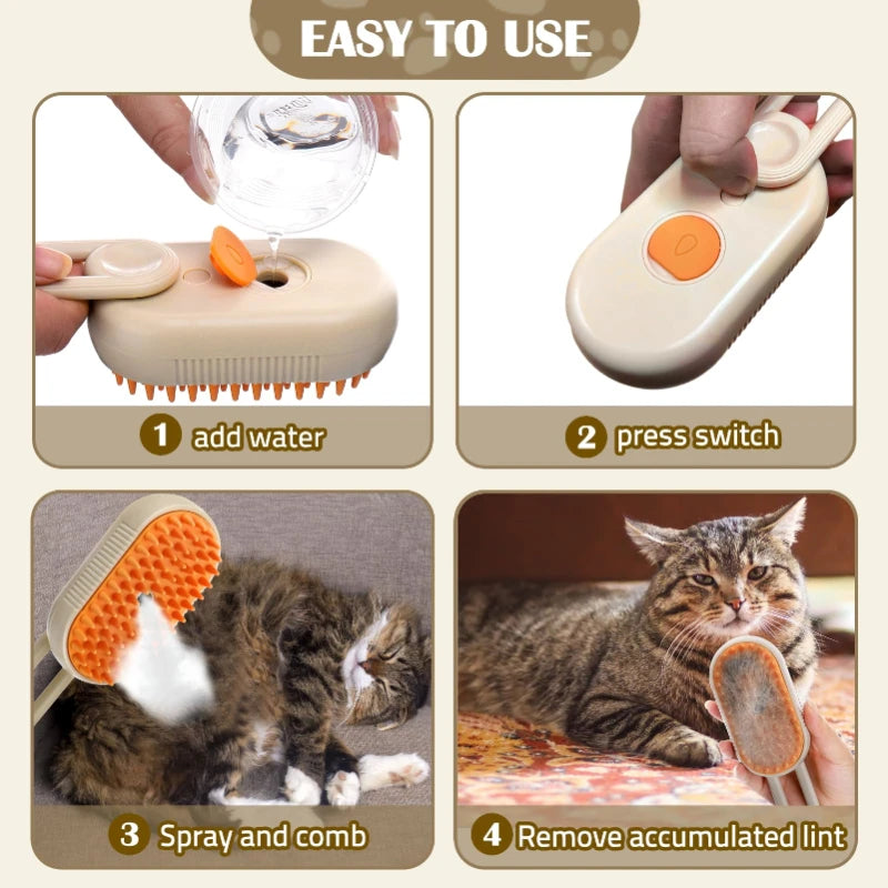 3-in-1 Steam Brush: Cat Grooming Comb with Vaporizer for Effortless Pet Hair Removal and Relaxing Massage