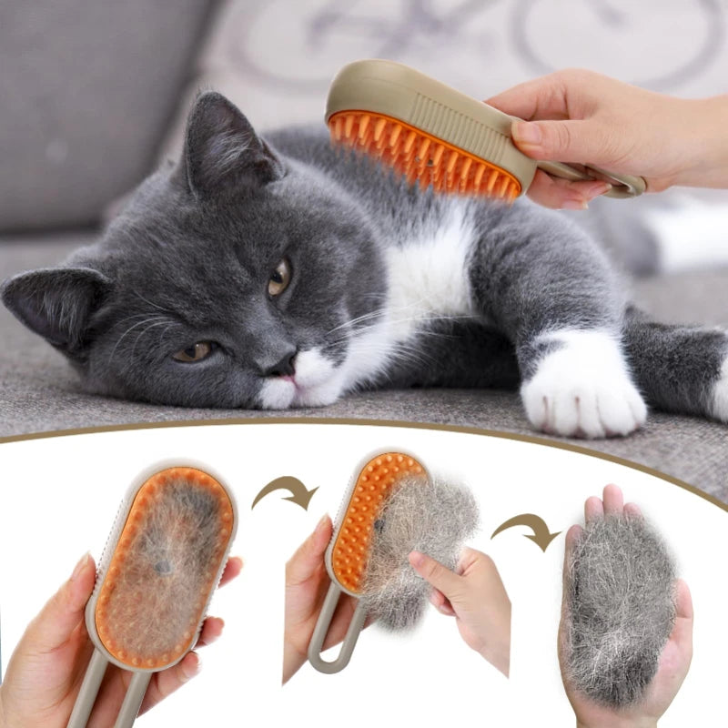 3-in-1 Steam Brush: Cat Grooming Comb with Vaporizer for Effortless Pet Hair Removal and Relaxing Massage
